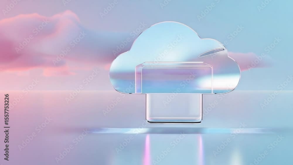 Poster Cloud Data Storage: Futuristic glass cloud icon symbolizing secure data storage, on a sleek device against a dreamy, pastel sky background.