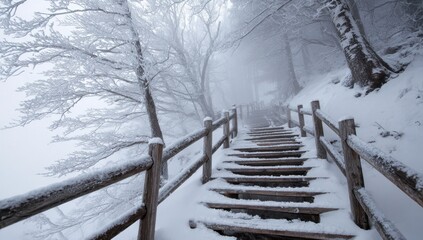 A long wooden staircase carved into the snow-covered hillside leads to an unknown place, surrounded by white fog and trees in winter. The stairs are covered with thick layers of.