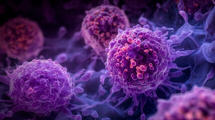 Microscopic macro view of pancreatic cancer cells showing abnormal cell structure irregular nuclei aggressive growth inside glandular tissue dark medical background