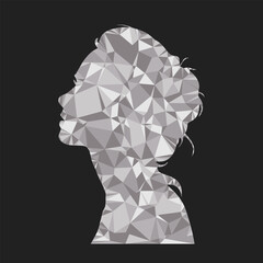 Silhouette of a girl in silver tones. Girl with hair made using triangulation. Low poly vector silhouette of a head.