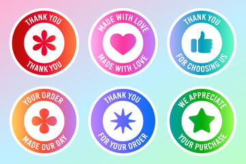 Made with love, thank you for your order stickers. Perfect for small businesses and handmade product packaging. Set of labels. Gratitude to customers. Ideal for online shops, craft sellers. 