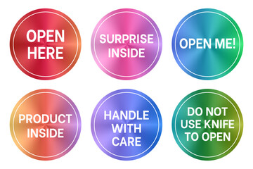 Packaging stickers that inform customers. Includes labels like 