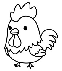 Adorable black and white cartoon rooster illustration with simple but expressive line art