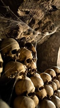 Stacks of human skulls line a dark underground ossuary with cobwebs, creating an eerie and macabre atmosphere.