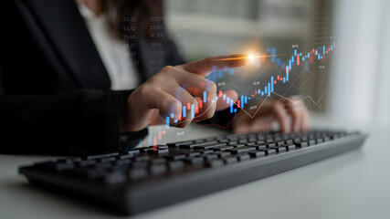 Candlestick chart visualizing financial market trends, investment patterns, price fluctuations, and...