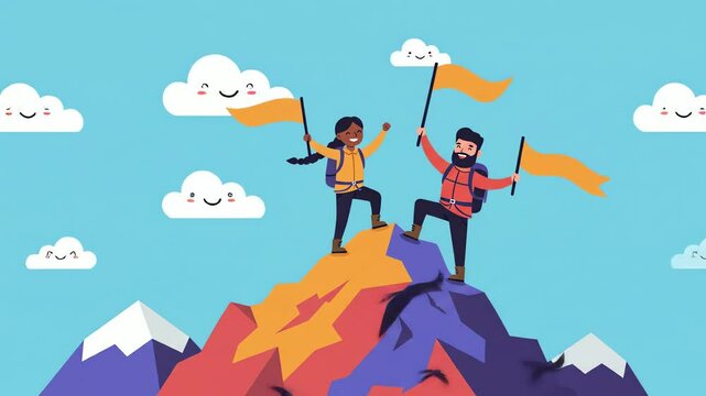 Cartoon hikers flags raised on colorful mountain peak under smiling clouds in blue sky