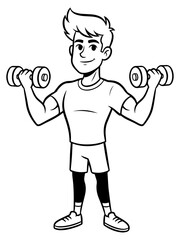 Cartoon man working out with dumbbells in a black and white drawing