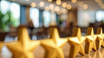 Golden stars aligned on a reflective surface under blurred warm lights in a spacious room.