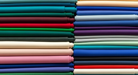 Stack of Colorful Textile Swatches Variety of Fabric Rolls
