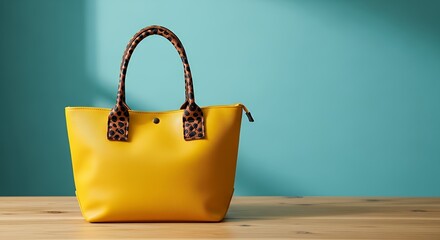 Stylish Yellow Tote Bag with Patterned Handles on Wooden Table