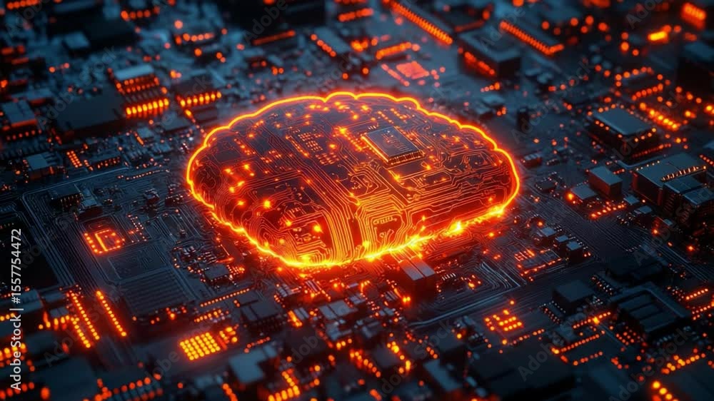 Poster Digital Brain Circuitry: An intricate network of microchips and circuits glows with radiant energy, forming the shape of a human brain. An innovative look at the heart of modern technology.