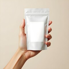 Hand holding blank white stand-up pouch with label, ideal for product packaging mockup, branding, or design presentation on beige background.

