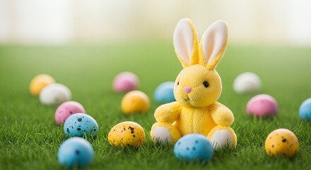 Sitting Toy Bunny with Colored Eggs on Green Grass