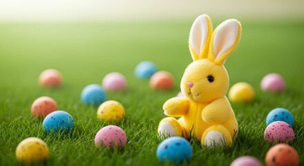 Toy Bunny Sitting in Grass with Decorated Eggs for Spring Celebration