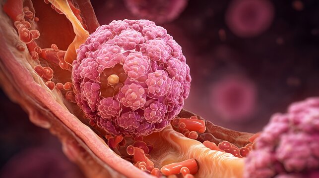 Realistic illustration of ovarian cancer pelvic region enlarged ovary with visible tumor cells surrounded by peritoneal tissue and fluid accumulation