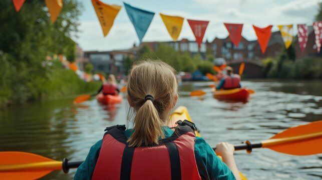 Kayaking on a canal with colorful flags