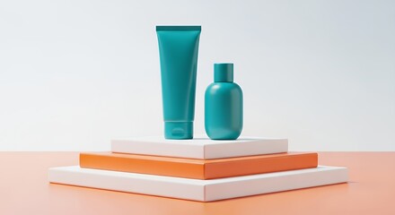 Cosmetic Products Display on Tiered Platform for Skincare Presentation
