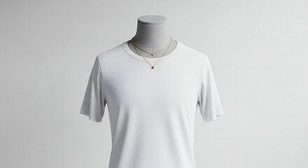 Plain White T-shirt on Mannequin with Two Gold Necklaces Display