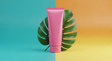 Pink Tube Mockup with Tropical Leaf on Colorful Background