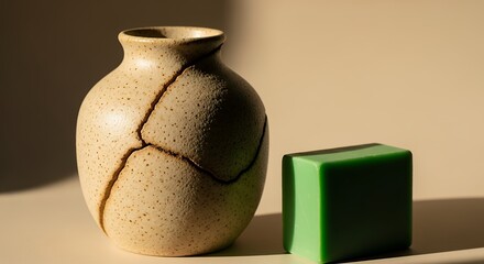Vase with Repair and Green Cube on Surface