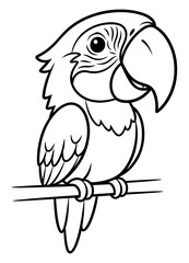 Fototapeta premium Cartoon parrot sitting on a branch line art illustration for coloring