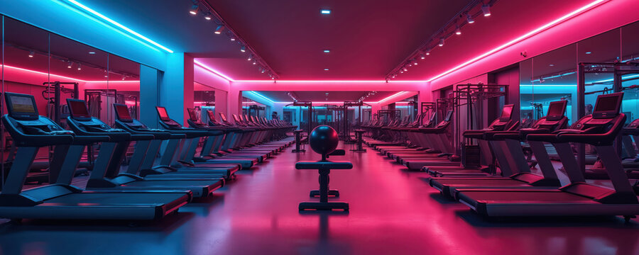 Modern gym interior with neon lights, treadmills. Empty fitness studio for sport activity, physical exercise. Training hall with equipment for healthy lifestyle, recreation.