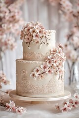Fototapeta premium A beautiful wedding cake with intricate lace and floral designs, in shades of light pink and beige. The background is a soft white fabric with delicate cherry blossoms, creating an.