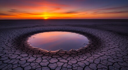 Reflecting Sunset in Water Hole on Cracked Dry Land