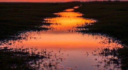 Water Reflection of Sunset in Meadow Puddles