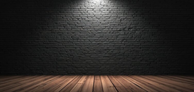 Dark interior design photo with black brick wall, wooden floor. Moody, sophisticated atmosphere. Modern minimalist concept with elegant stylish chic edgy trendy industrial urban contemporary design.