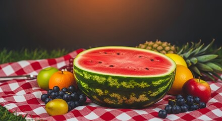 Watermelon and Fruits on Picnic Blanket for Healthy Eating