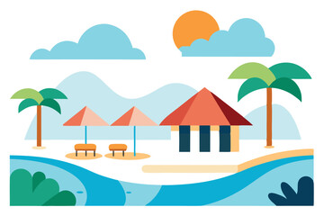 Fototapeta premium Colorful Tropical Beach Featuring Palm Trees, Beach Umbrellas, Hut, and Relaxing Atmosphere