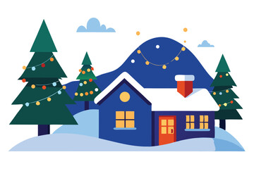 Fototapeta premium Cozy Winter Home with SnowCovered Roof, Decorated Trees, and Mountain with String Lights