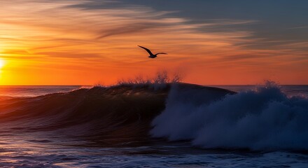 Wave Crashing at Sunset with Flying Bird Above Water