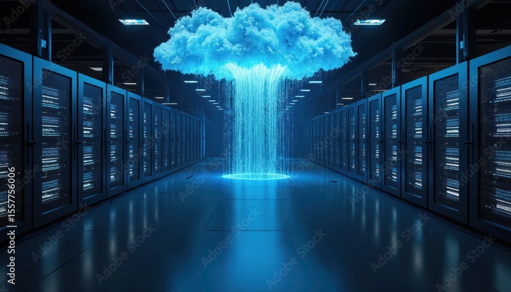 Poster server room illustration with cloud data flow. data center servers arranged in rows, illuminated by 