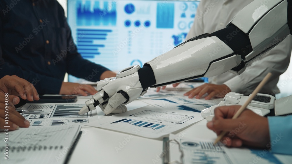 Poster a dynamic office scene showcasing a robotic arm collaborating with humans on data analysis, surround