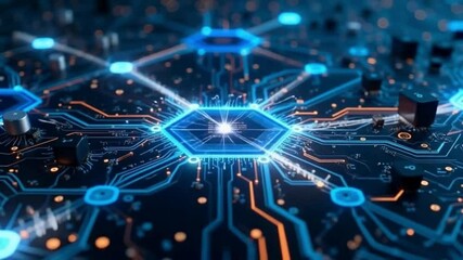 Blue circuit board background with digital data and network elements illustrates a technology concept - Powered by Adobe