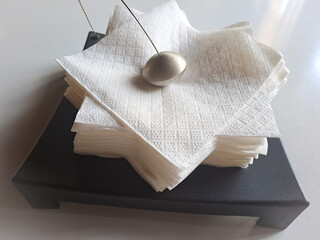 Stack of white folded napkins on the table. Paper napkins Stack of clean napkins