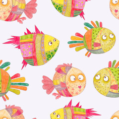Funny fish. Seamless pattern of cartoon colorful fish on a light background.