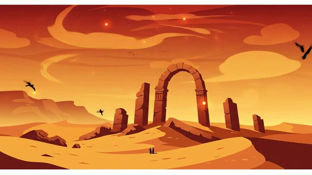 Desert landscape featuring an arch dunes and two figures under a fiery sky with scattered stars