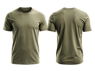 A classic olive green tshirt is shown from the front and back, isolated on white background