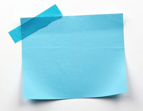 Bright blue memo note fixed with clear sticky tape on white background. Jot reminders messages planning design element. Office supply, notepad for notes, paper stationary, home office desk space.