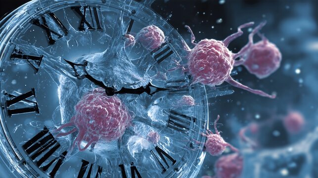 Symbolic digital artwork showing clock dissolving into cancer cells representing time sensitive diagnosis abstract background blending medical elements