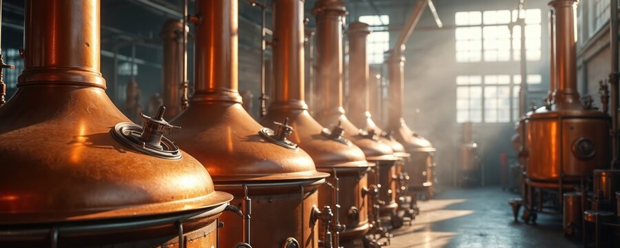 Industrial brewery with large copper brewing tanks. Steam rises, beer production in factory setting. Metallic shiny tanks with stainless steel pipes, windows, reflecting sunlight. Vintage interior
