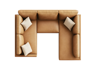 Luxurious tan leather u shaped sectional sofa with pillows isolated on transparent background