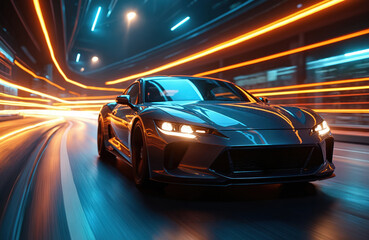 Obraz na płótnie Canvas Fast sport car with bright neon light trails on dark highway at night. City lights background with long exposure. Modern vehicle at high speed. Transportation concept.