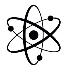 Atom icon isolated on white background showing atomic structure with electrons orbiting nucleus symbolizing science and physics concepts