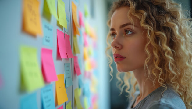 Attractive woman looks at colorful sticky notes on wall. Concept of creativity, idea, business planning, strategy, innovative project management, project roadmap, schedule, brainstorming.