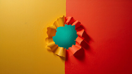 Torn paper revealing turquoise hole yellow