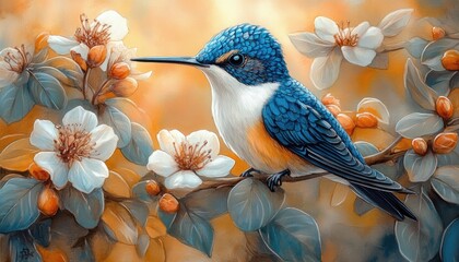 Vibrant hummingbird amidst blossoming flowers